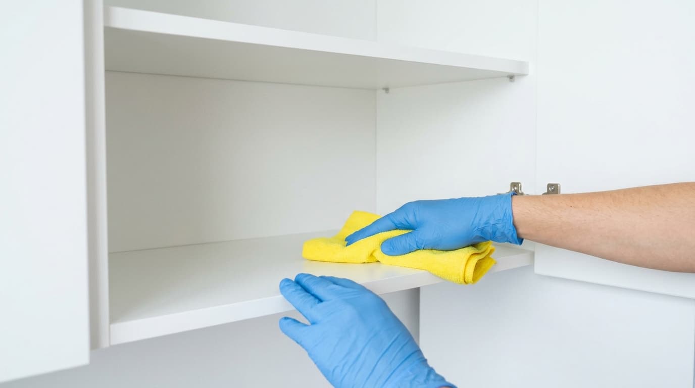 wikiHow style demonstration showing hands in cleaning gloves wiping down interior white kitchen cabinet shelves with a microfiber cloth