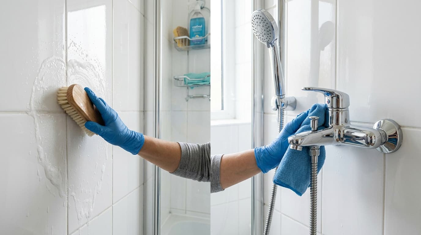 wikiHow style demonstration showing hands in yellow gloves scrubbing ceramic bathroom tile and shower fixtures with a detail brush