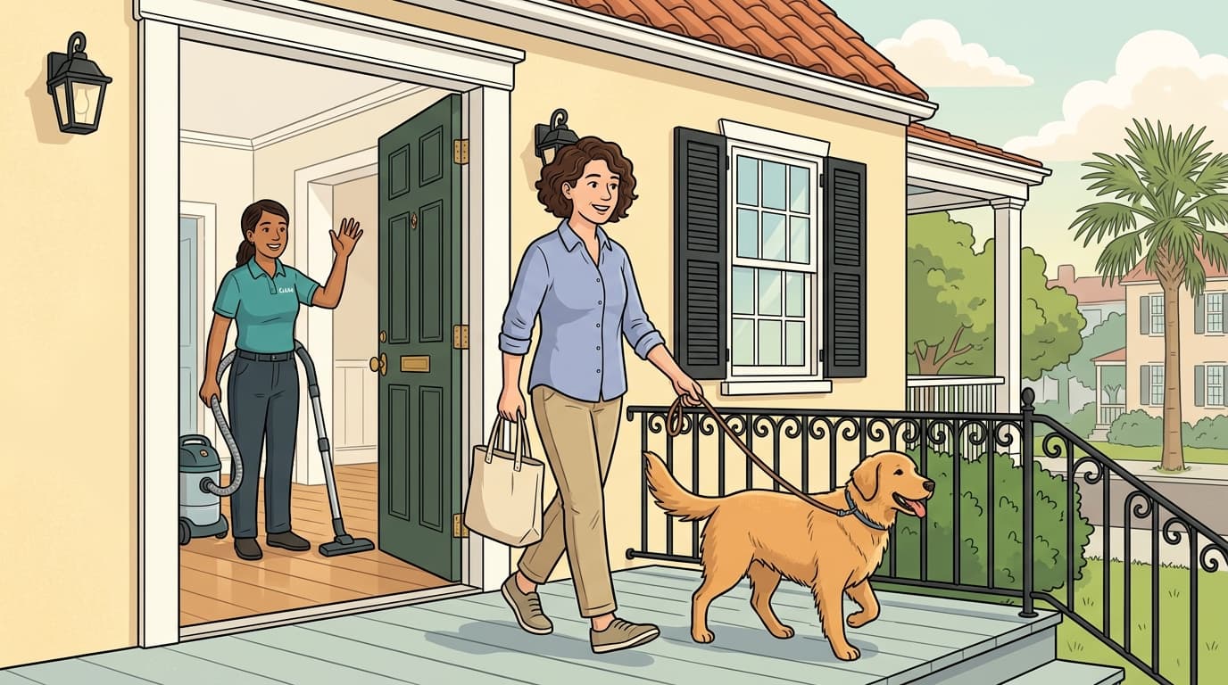 Homeowner stepping out for a walk with dog while professional house cleaner works in Charleston SC home