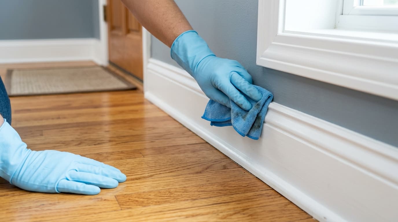 wikiHow style demonstration of hands in gloves wiping white wooden floor baseboards with a blue microfiber towel along hardwood floors