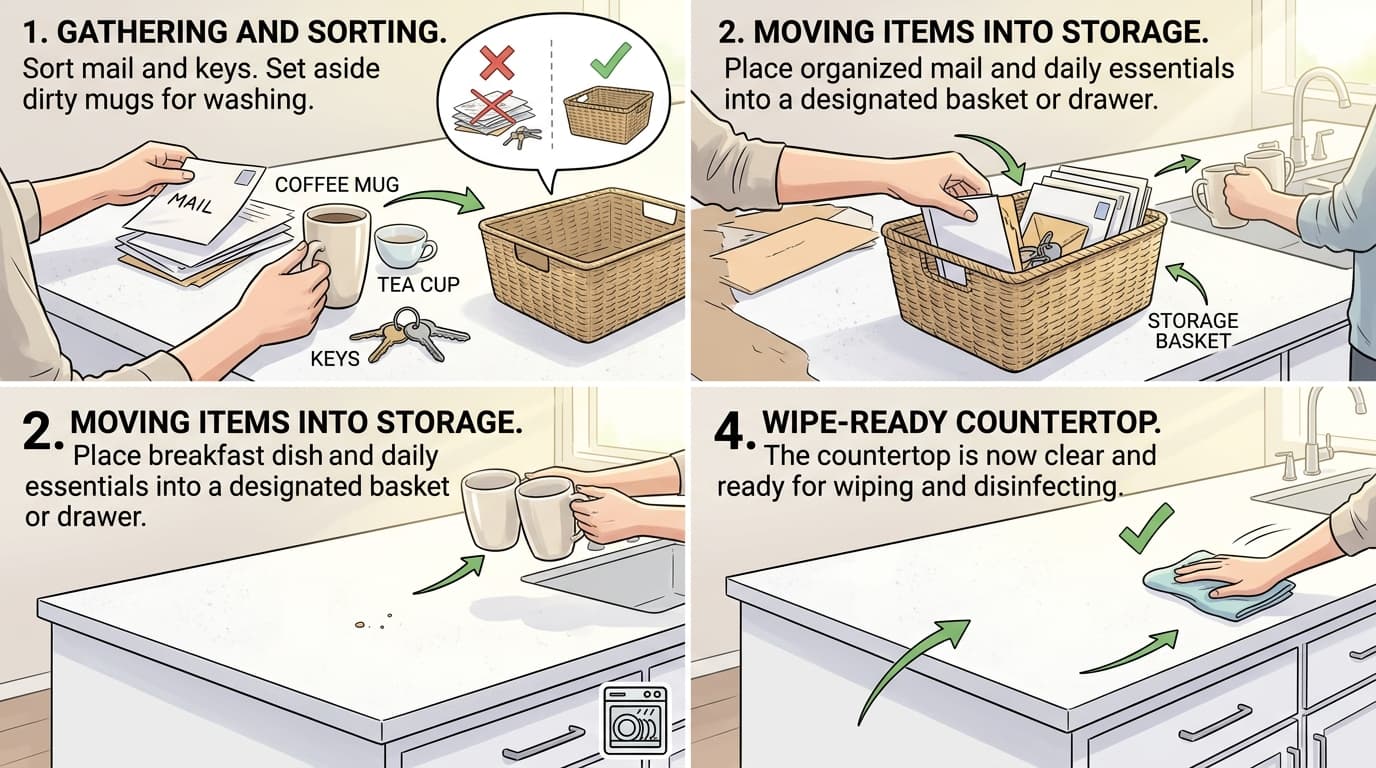 wikiHow style educational illustration of organizing clutter off a kitchen island and clearing the sink