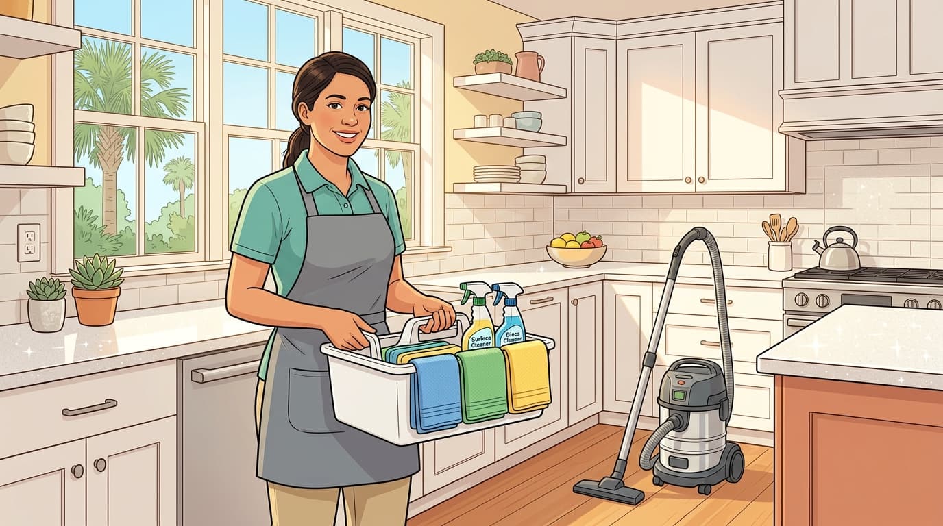 wikiHow style illustration showing a professional house cleaner with a fully stocked caddy, color-coded cloths, and HEPA vacuum in a Charleston kitchen