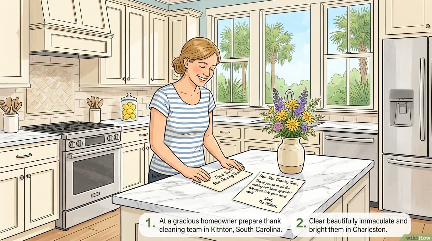wikiHow style illustration showing a Charleston homeowner preparing a labeled thank-you tip envelope on a kitchen island