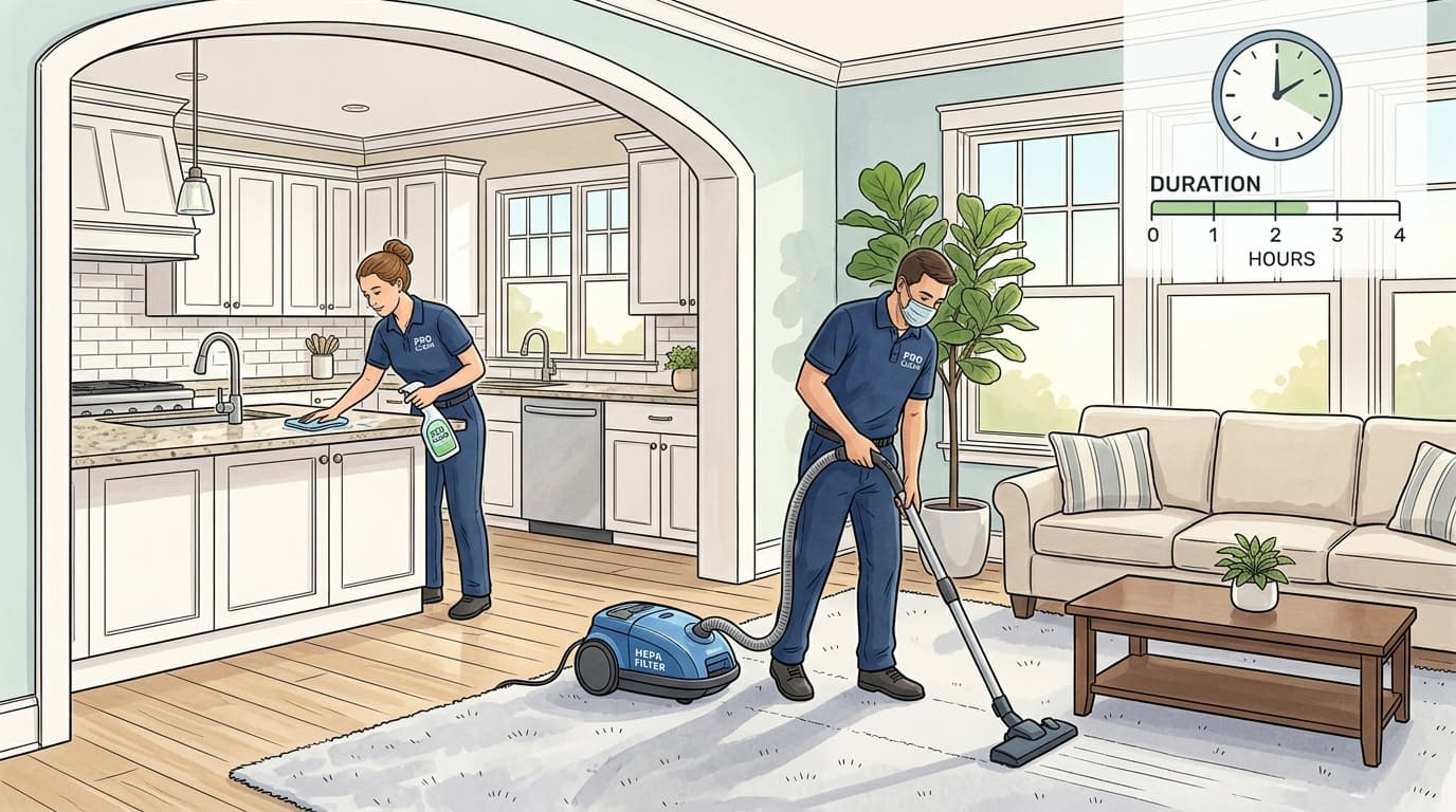 wikiHow style editorial illustration showing professional cleaning technicians and time duration clock in a Charleston home
