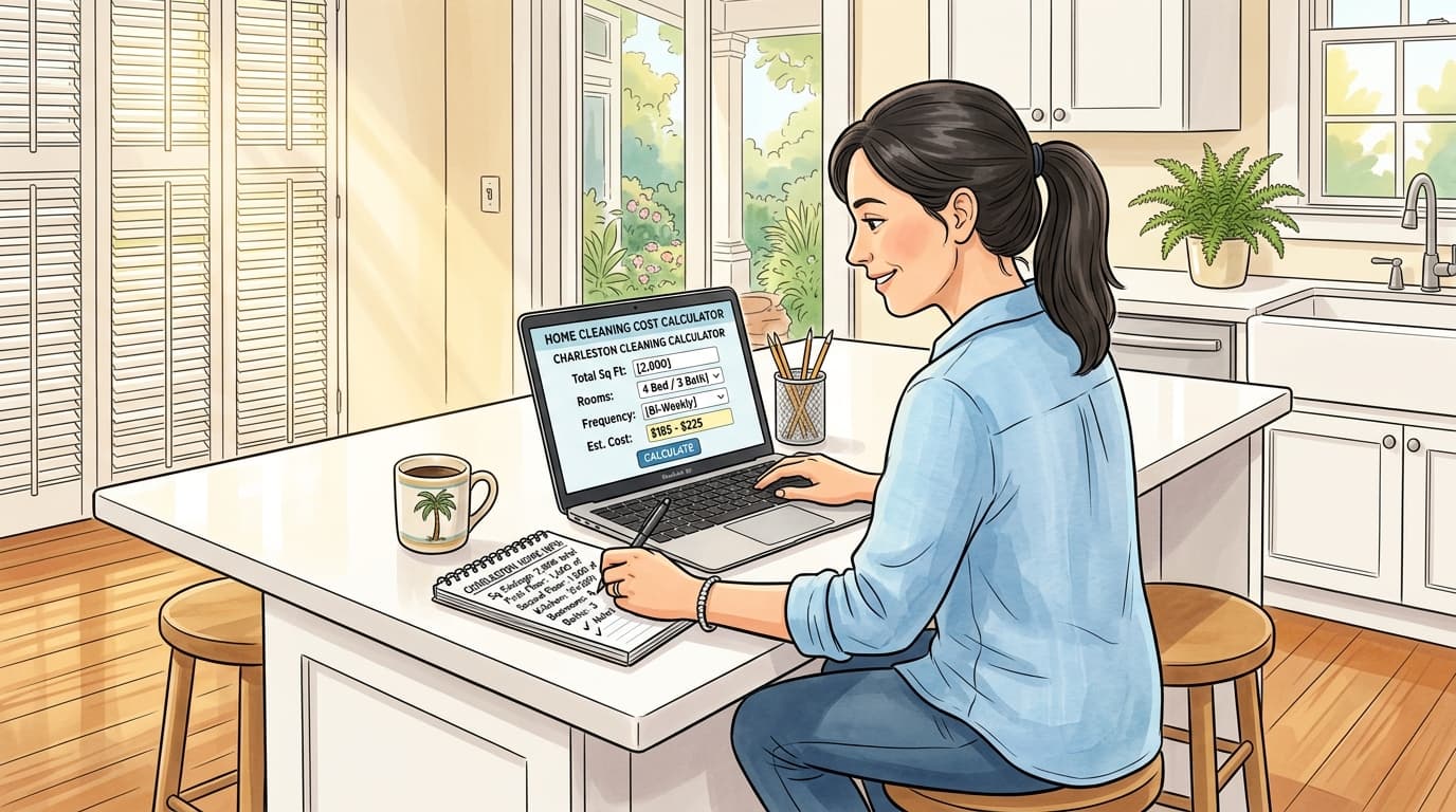 wikiHow style editorial illustration of a Charleston homeowner reviewing transparent house cleaning pricing and square footage calculations on a laptop