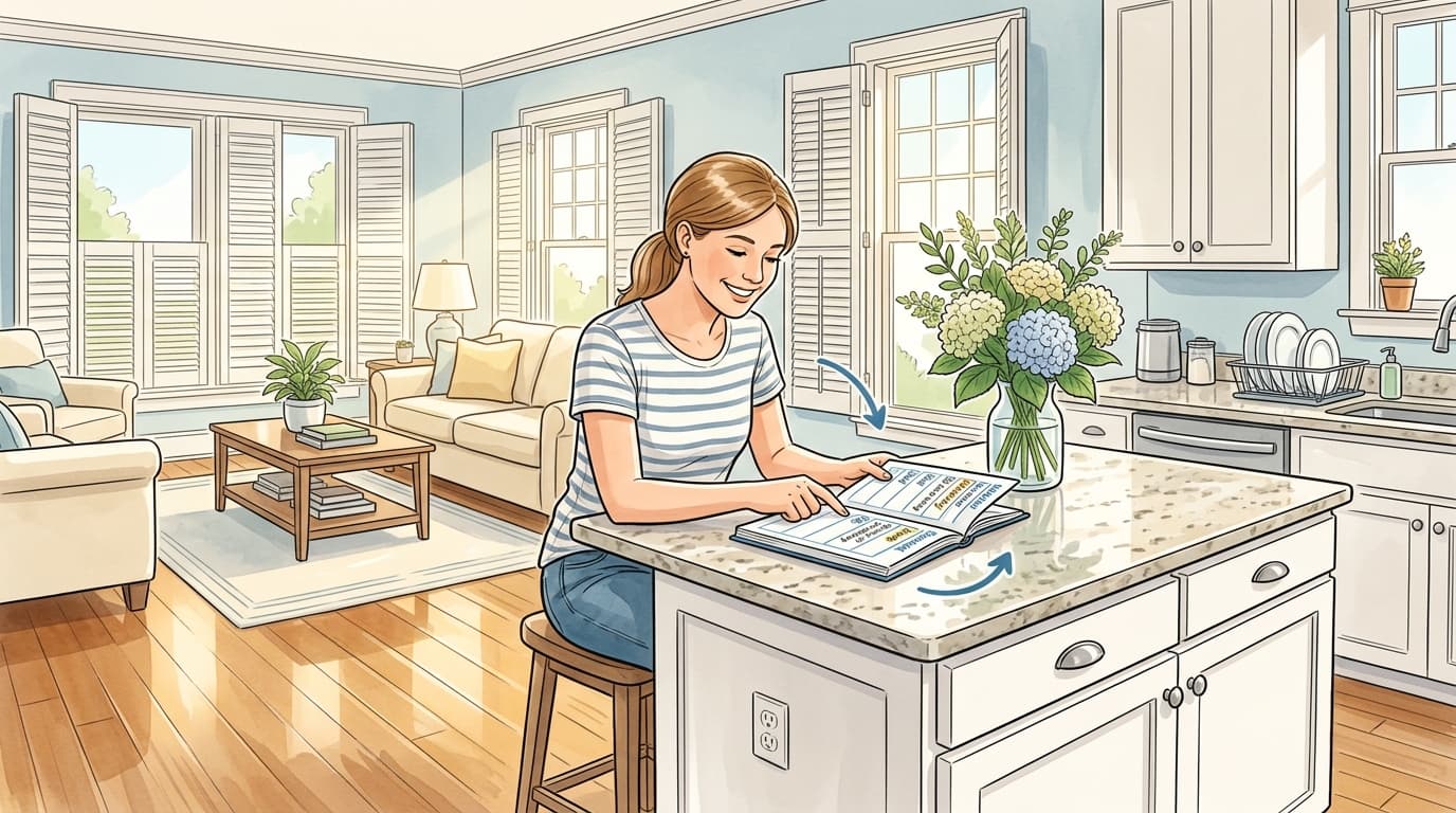 wikiHow style editorial illustration showing a happy homeowner reviewing a recurring house cleaning schedule calendar in a sunlit Charleston living room