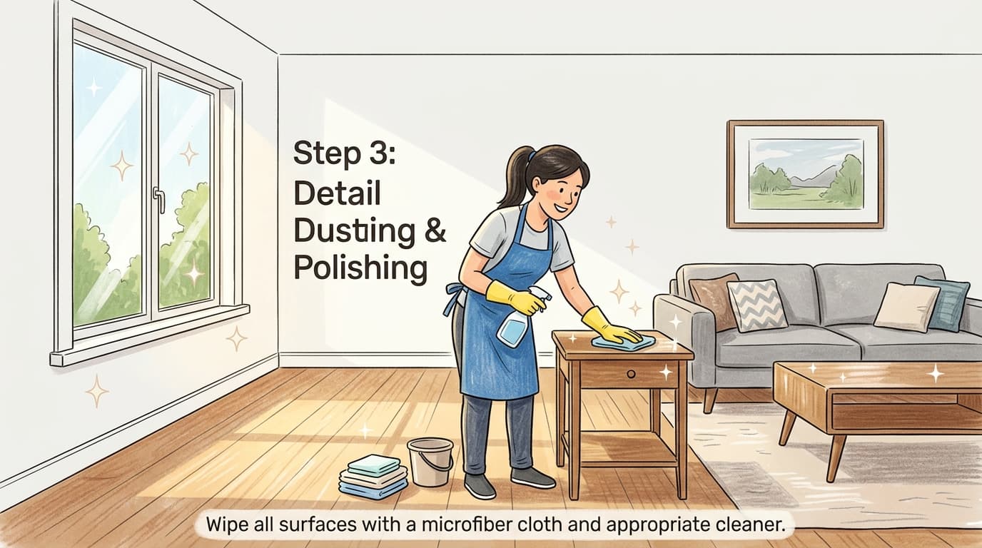 wikiHow style editorial illustration showing a bright newly renovated modern home in Charleston SC being thoroughly deep cleaned after construction