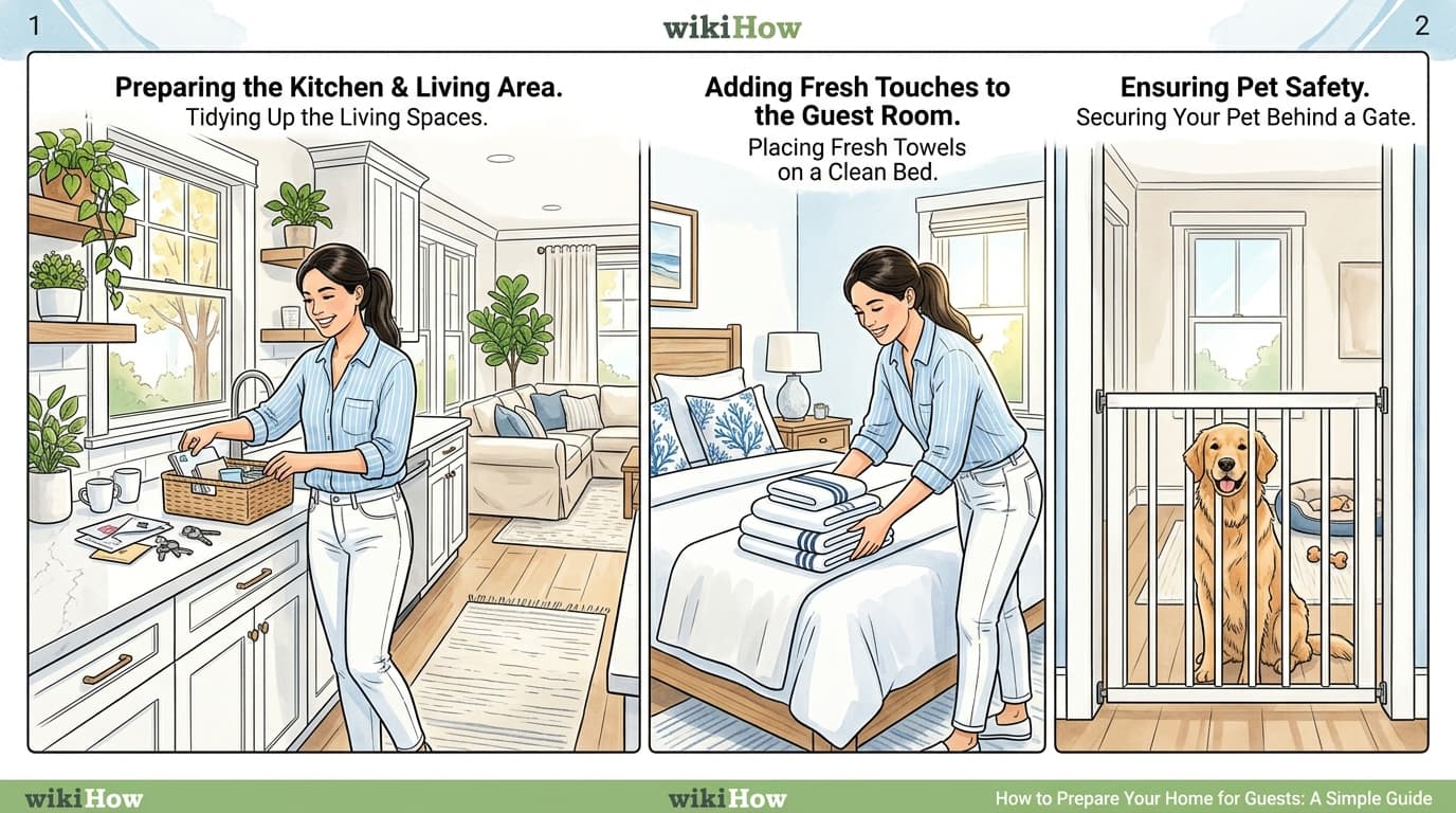 wikiHow style editorial illustration of a homeowner preparing a bright Charleston living room for house cleaners