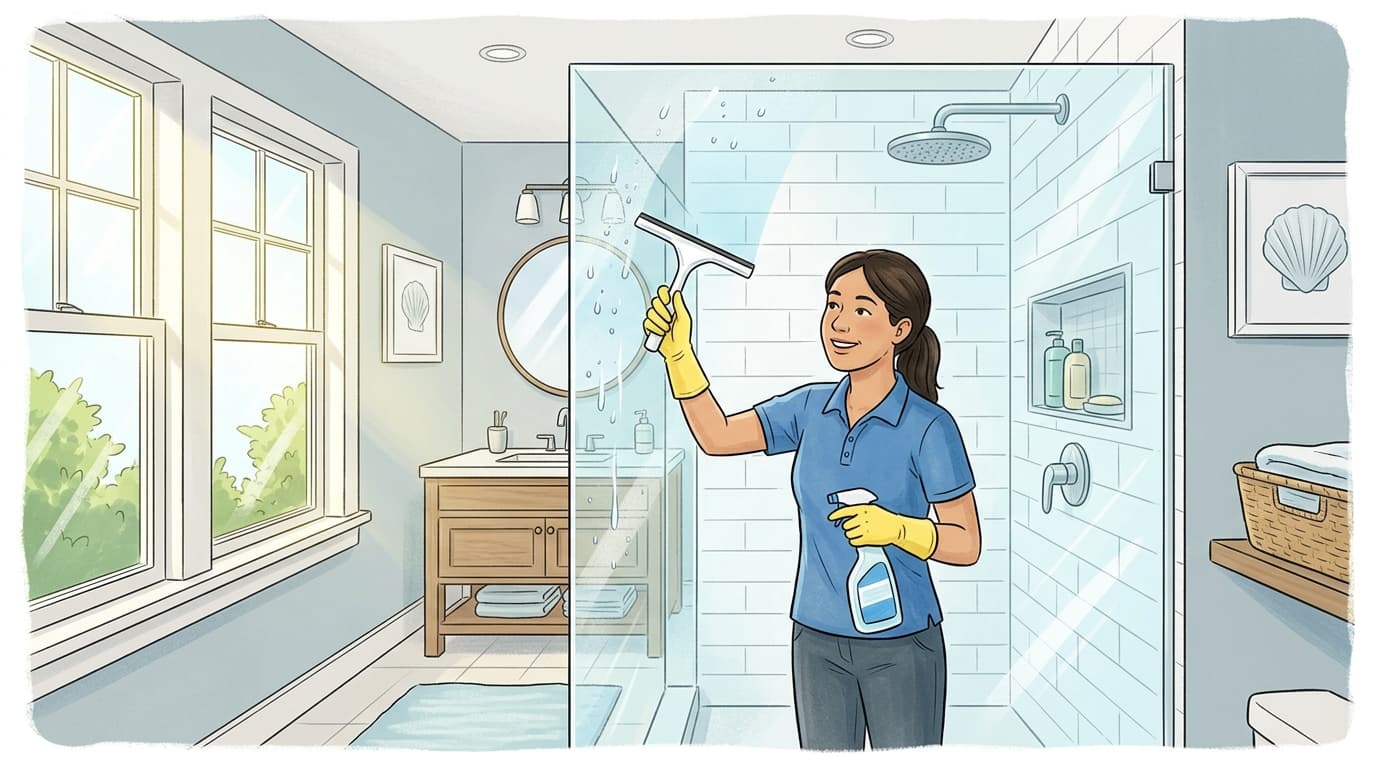 wikiHow style editorial illustration showing a professional cleaner wiping a sparkling clean frameless glass shower door in a modern bathroom