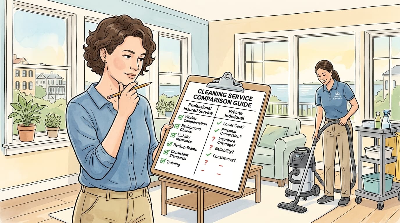 wikiHow style comparison chart illustration of hiring an independent private cleaner versus a professional insured cleaning company in Charleston SC