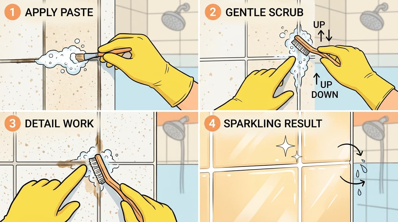 wikiHow style educational illustration showing hands in yellow gloves using a grout detail brush with foaming cleaner to scrub bathroom tile grout lines