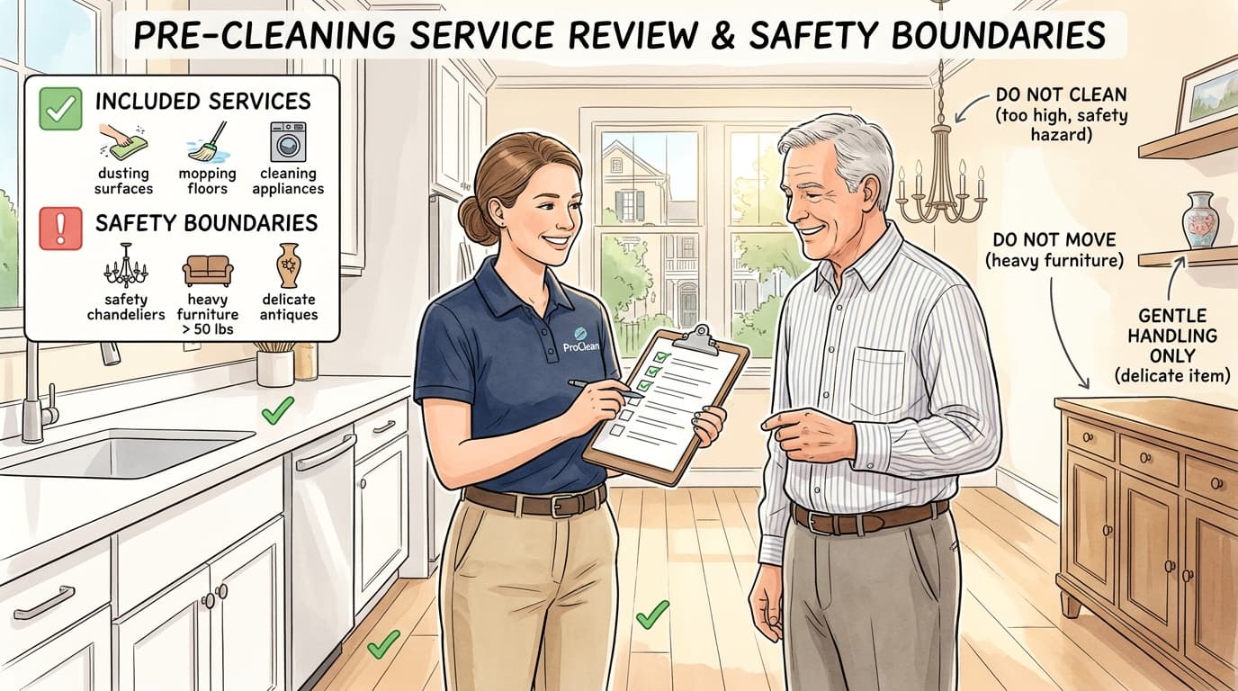 wikiHow style editorial illustration showing professional cleaning technician reviewing service checklist and safety boundaries with a homeowner in Charleston SC