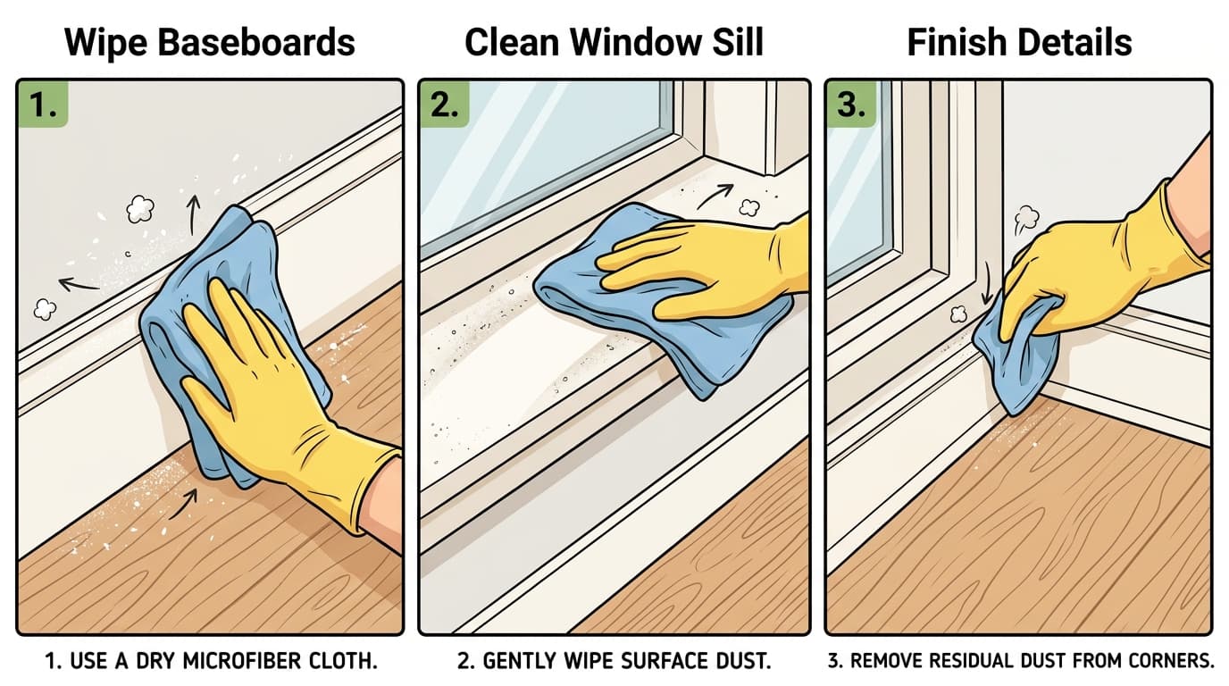 wikiHow style educational illustration showing hands in yellow gloves using a microfiber cloth to carefully wipe fine drywall dust from baseboards and trim