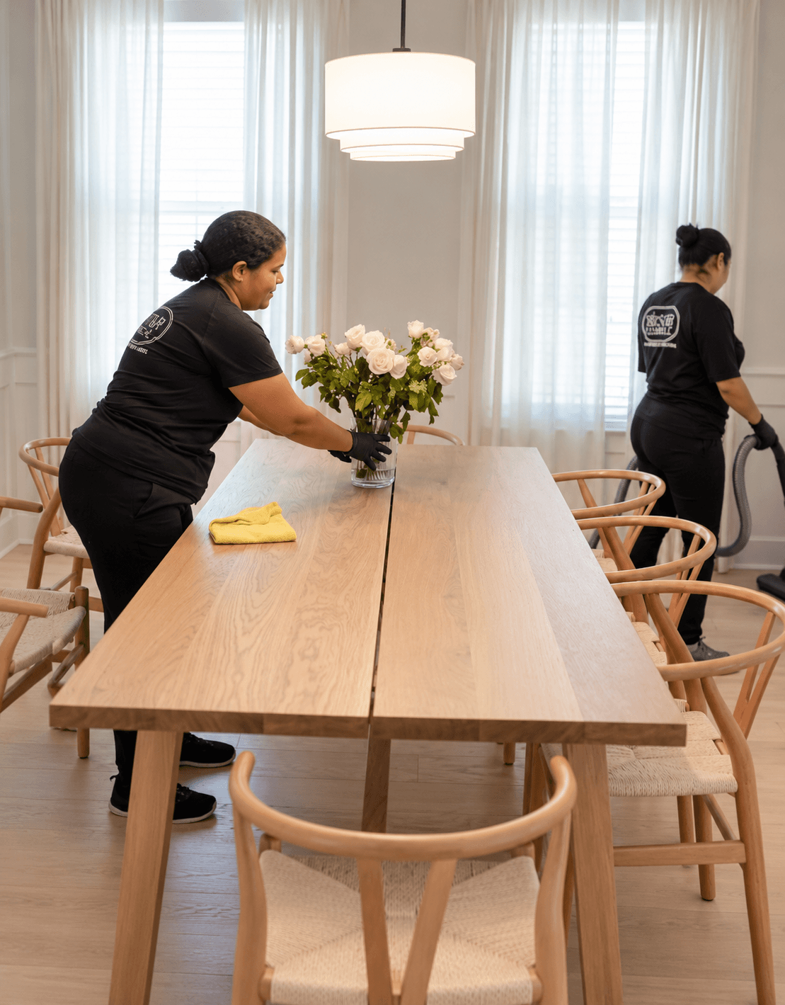 Star Cleaning SC team members wiping down a dining table and vacuuming a rug